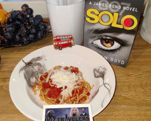007 Food: A carafe of Barolo and spaghetti am...