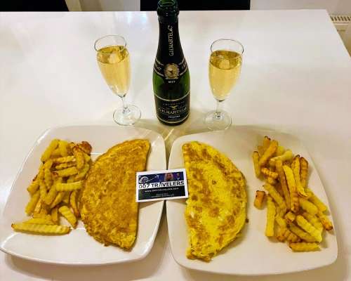 007 Food: Two omelettes and fries and a bottl...