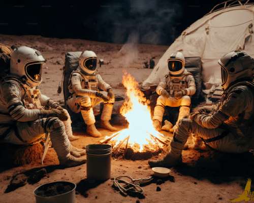 Astronauts at a campfire on Mars.