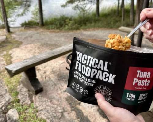 Tasting Tactical Foodpack products in the gre...