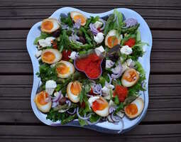 Keväinen salaatti kananmunasta, mädistä ja pa...